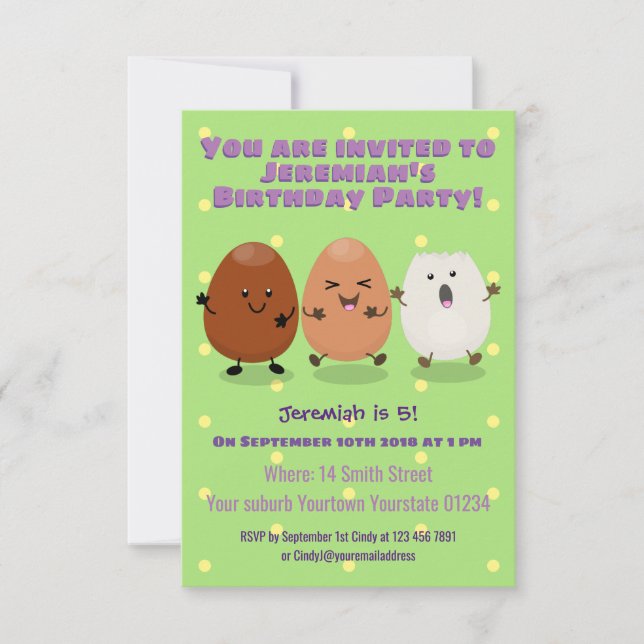Cute kawaii eggs funny cartoon illustration invitation (Front)