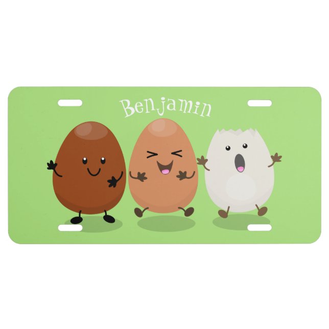 Cute kawaii eggs funny cartoon illustration license plate (Front)