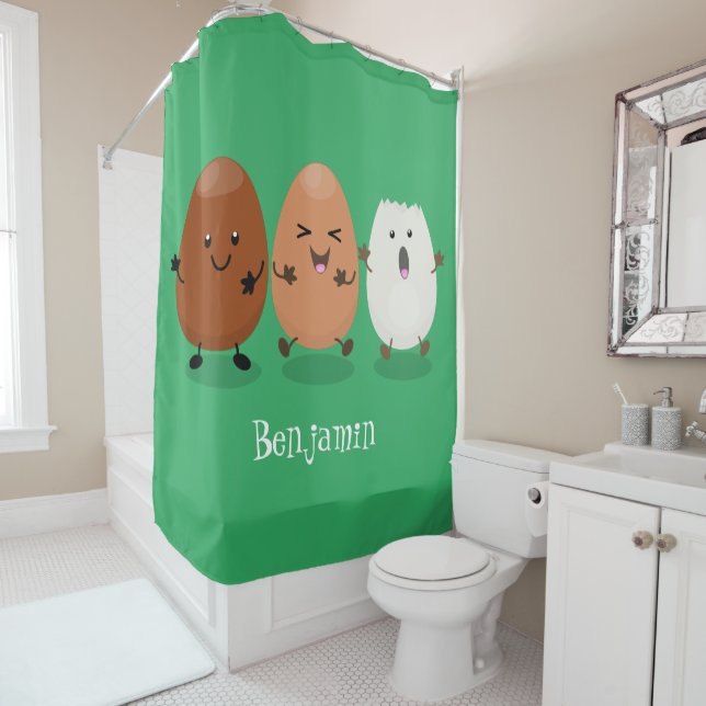 Cute kawaii eggs funny cartoon illustration shower curtain (In Situ)
