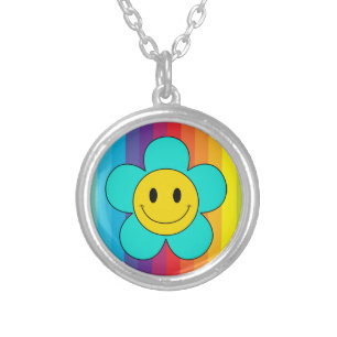 Cute Kawaii Emoji Flower on Rainbow Stripes Silver Plated Necklace