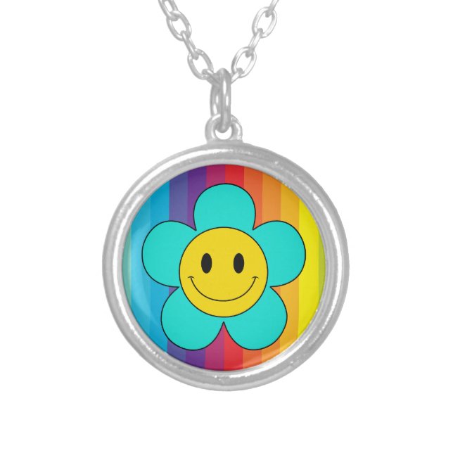 Cute Kawaii Emoji Flower on Rainbow Stripes Silver Plated Necklace (Front)