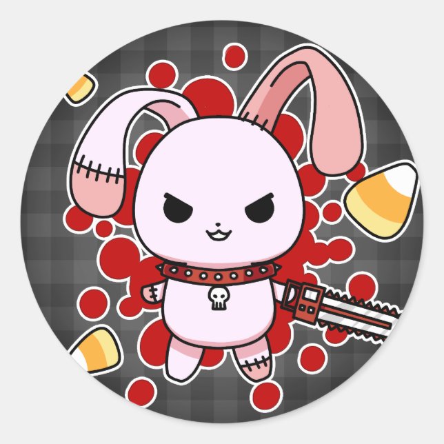 Cute Kawaii evil bunny with chainsaw Classic Round Sticker (Front)