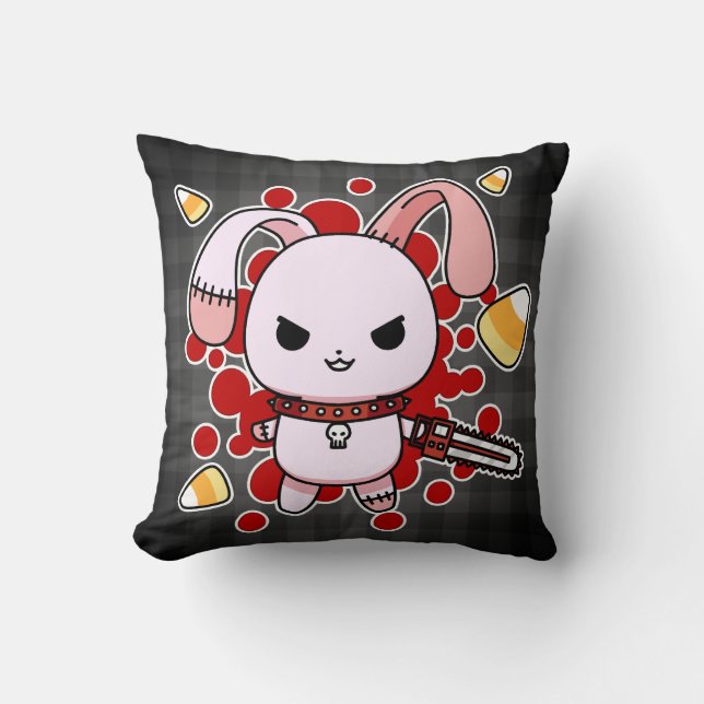 Cute Kawaii evil bunny with chainsaw Throw Pillow (Front)