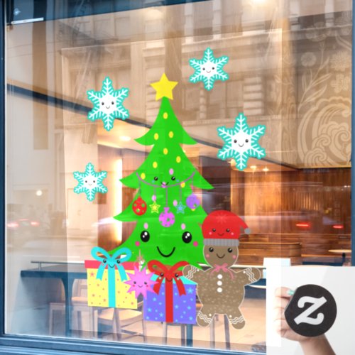 Cute Kawaii Face Christmas Tree Scene 52x72  Down Window Cling