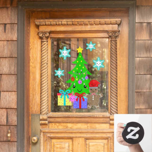 Cute Kawaii Face Christmas Tree Scene Entry 18x24 Window Cling (Home Door)