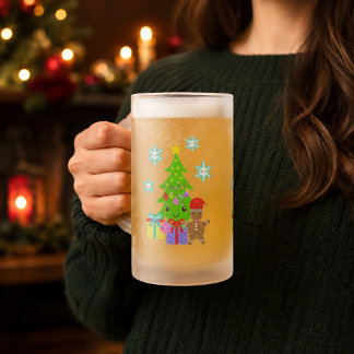 Cute Kawaii Face Christmas Tree Scene Frosted Glass Beer Mug