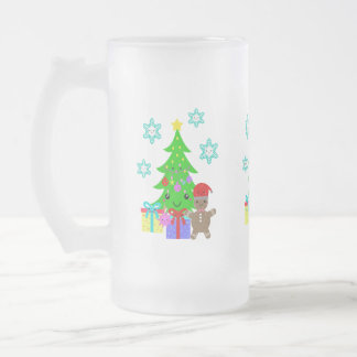 Cute Kawaii Face Christmas Tree Scene, ZSG Frosted Glass Beer Mug