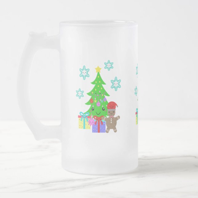 Cute Kawaii Face Christmas Tree Scene, ZSG Frosted Glass Beer Mug (Left)