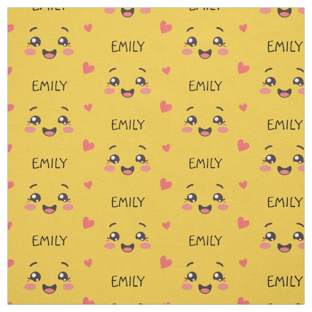 Cute Kawaii Face Custom Name Yellow Cotton Fabric (Swatch)
