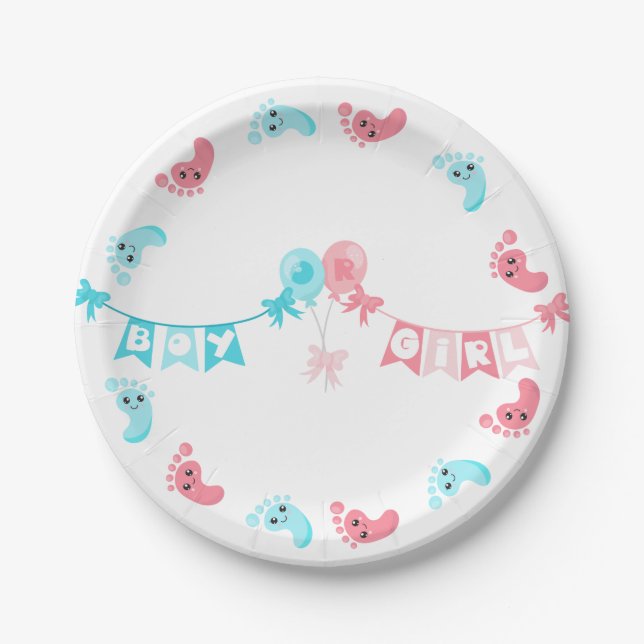 Cute Kawaii Feet Pink Blue Gender Reveal Party Paper Plates (Front)
