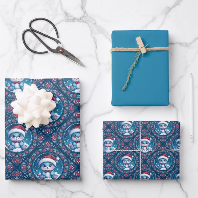 Cute Kawaii Festive Bear Mandala Geo Diamond Tile Wrapping Paper Sheets (Front)