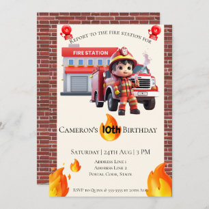 Cute Kawaii Fire Fighter Boy Birthday Invitation