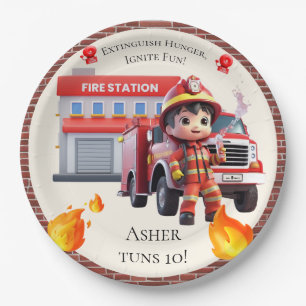 Cute Kawaii Firefighter Boy and Fire Truck Paper Plates
