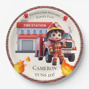 Cute Kawaii Firefighter Boy and Fire Truck Paper Plates