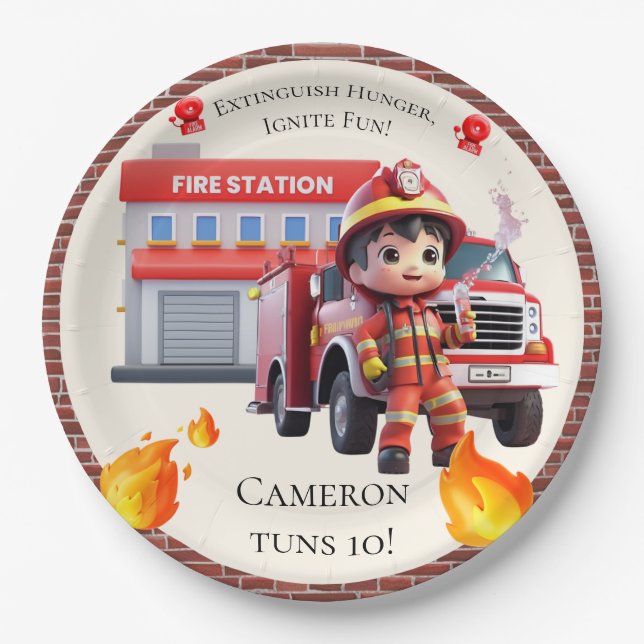 Cute Kawaii Firefighter Boy and Fire Truck Paper Plates (Front)