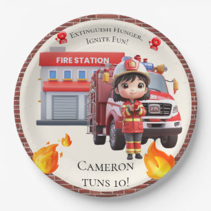 Cute Kawaii Firefighter Girl and Fire Truck Paper Plates
