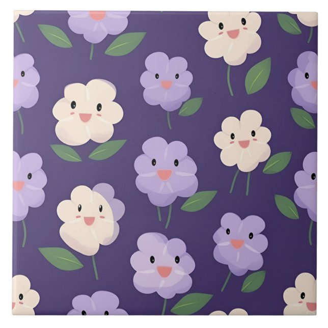 Cute Kawaii Floral Pattern Ceramic Tile (Front)