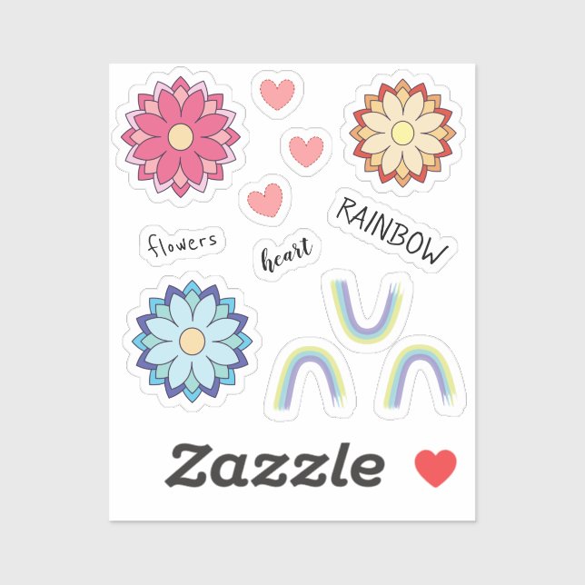 Cute Kawaii Flowers Rainbow Heart Stickers (Sheet)