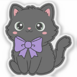 Cute Kawaii Fluffy Cat Large Purple Bow Vinyl Sticker