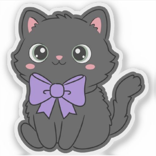 Cute Kawaii Fluffy Cat Large Purple Bow Vinyl  Sticker