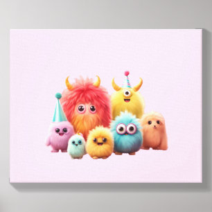 Cute Kawaii Fluffy Monster Friends Wall Art Colo Canvas Photo Tile