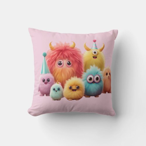 Cute Kawaii Fluffy Monster Friends Wall Art | Colo Throw Pillow