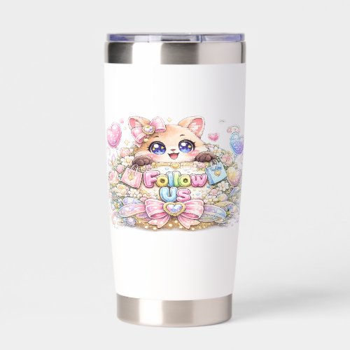 Cute Kawaii Follow Us Cat Pastel Pink Social Media Insulated Tumbler
