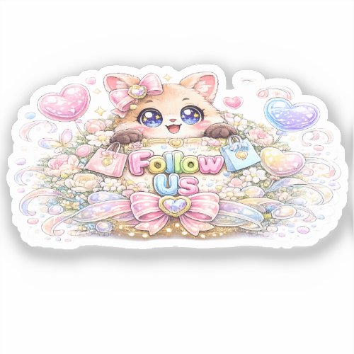 Cute Kawaii Follow Us Cat Pastel Pink Social Media Sticker