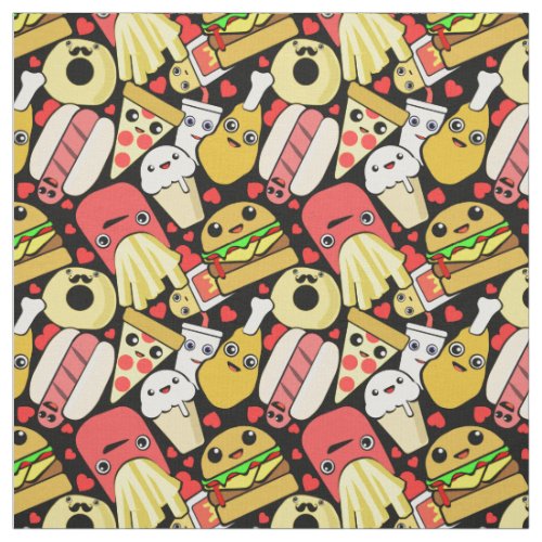 Cute Kawaii Food Patterned Black Fabric