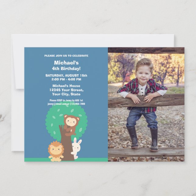 Cute Kawaii Forest Animals Kids Boy Birthday Photo Invitation (Front)
