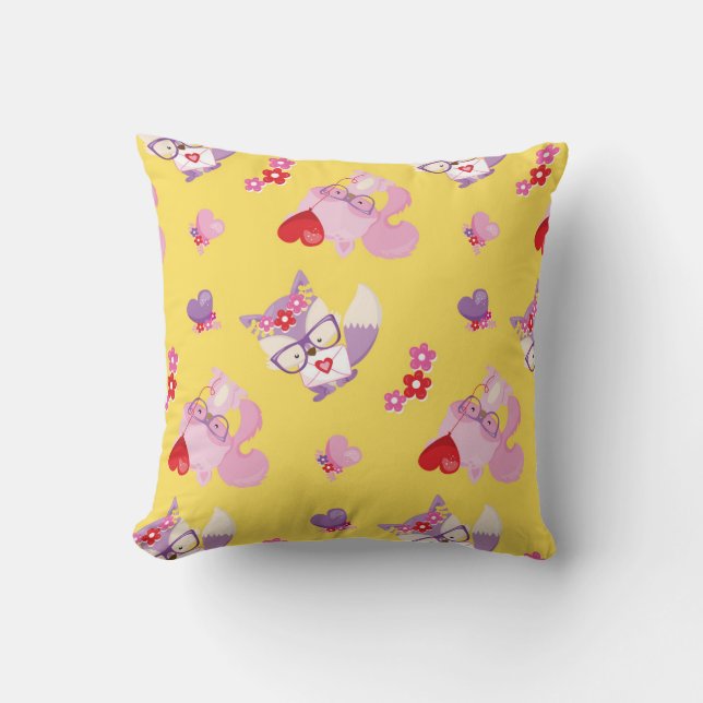 Cute Kawaii Fox Boho Valentine Foxes Yellow Throw Pillow (Front)