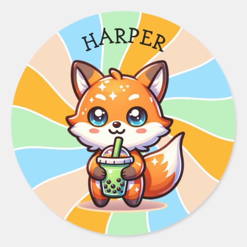 Cute Kawaii Fox with Bubble Tea Personalized Classic Round Sticker