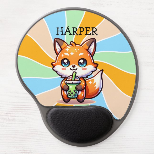 Cute Kawaii Fox with Bubble Tea Personalized Gel Mouse Pad (Front)