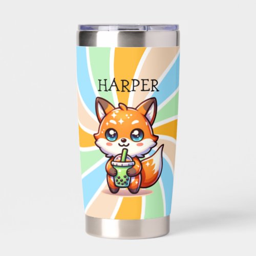Cute Kawaii Fox with Bubble Tea Personalized Insulated Tumbler
