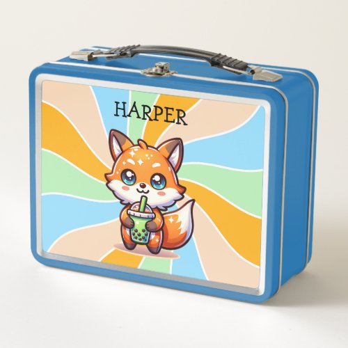 Cute Kawaii Fox with Bubble Tea Personalized Metal Lunch Box