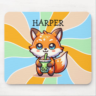 Cute Kawaii Fox with Bubble Tea Personalized Mouse Pad