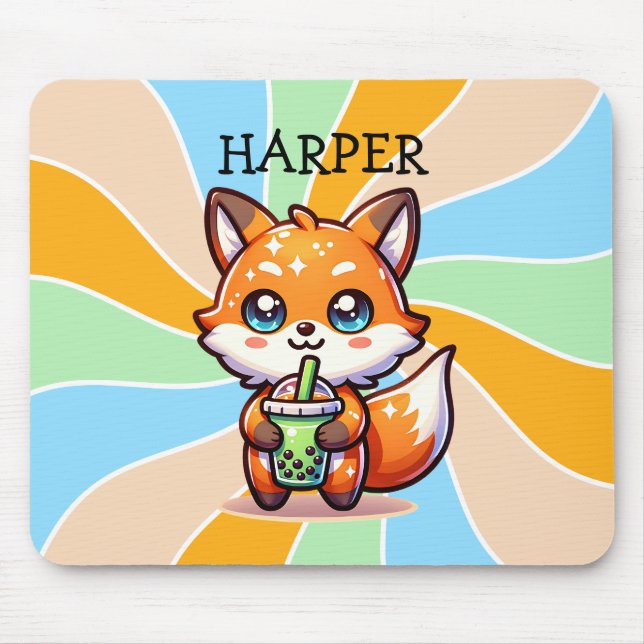 Cute Kawaii Fox with Bubble Tea Personalized Mouse Pad (Front)