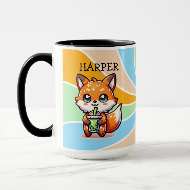 Cute Kawaii Fox with Bubble Tea Personalized Mug (Left)