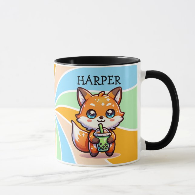 Cute Kawaii Fox with Bubble Tea Personalized Mug (Right)