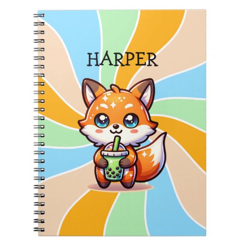 Cute Kawaii Fox with Bubble Tea Personalized Notebook
