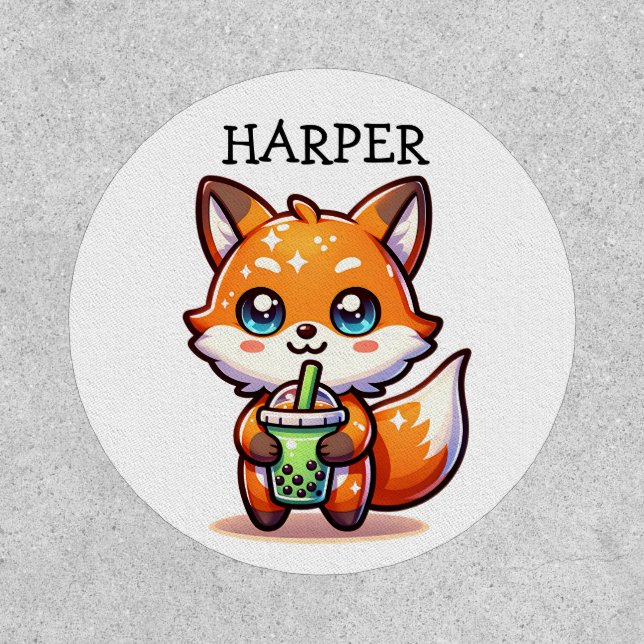 Cute Kawaii Fox with Bubble Tea Personalized Patch (Front)
