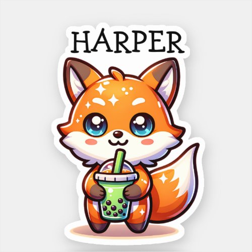 Cute Kawaii Fox with Bubble Tea Personalized Sticker