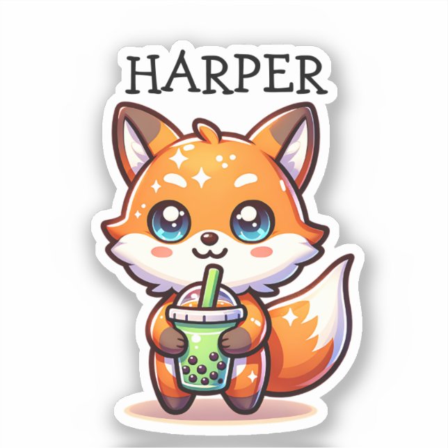 Cute Kawaii Fox with Bubble Tea Personalized Sticker (Front)
