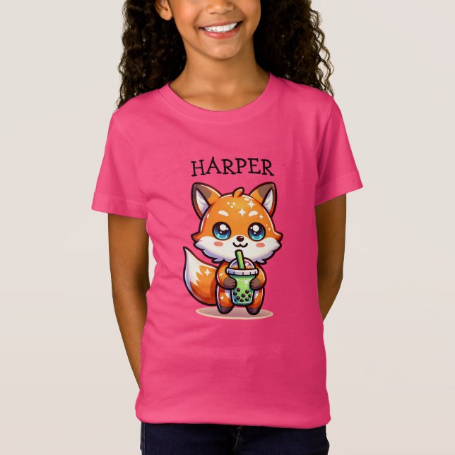 Cute Kawaii Fox with Bubble Tea Personalized T-Shirt (Front)
