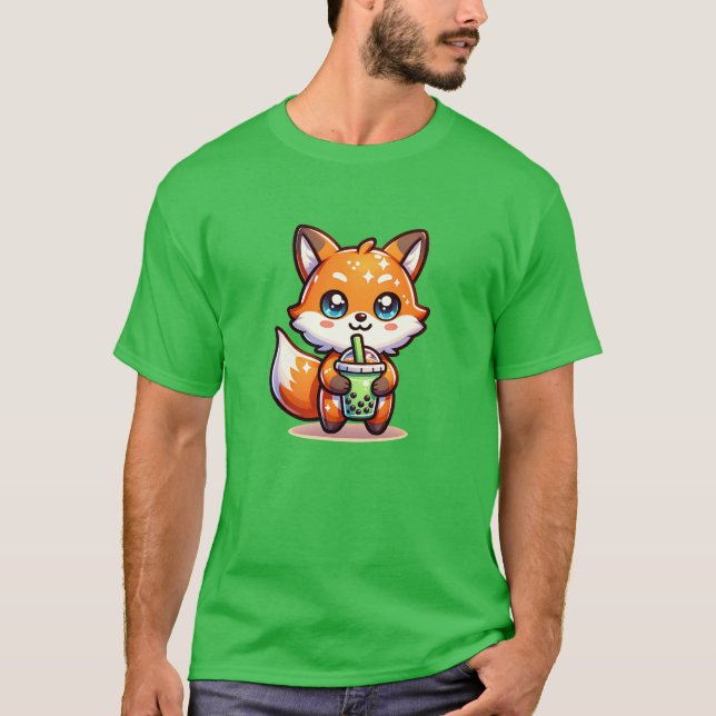 Cute Kawaii Fox with Bubble Tea Personalized T-Shirt (Front)