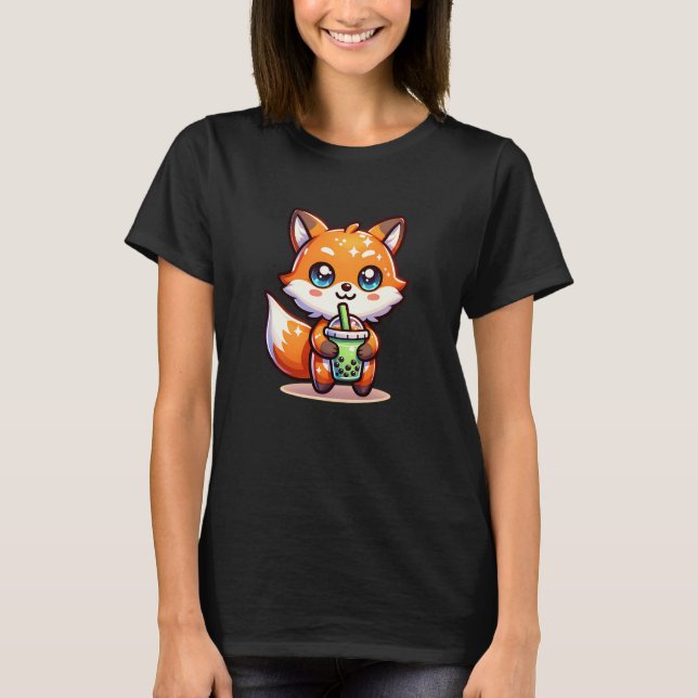 Cute Kawaii Fox with Bubble Tea Personalized T-Shirt (Front)