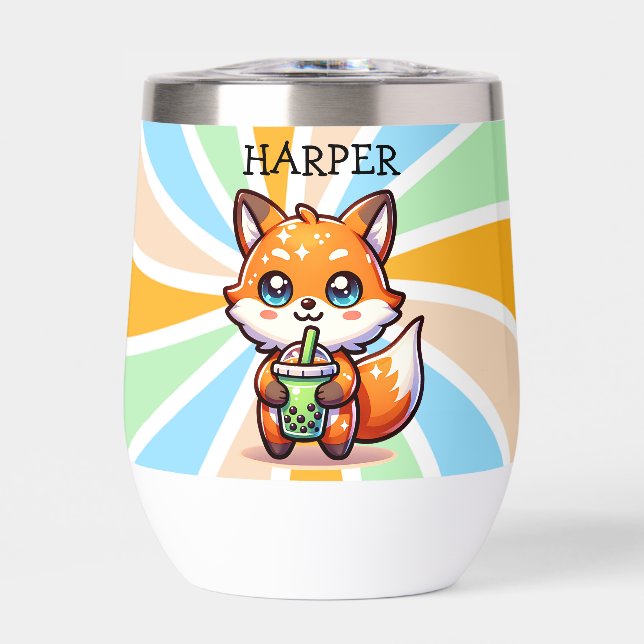 Cute Kawaii Fox with Bubble Tea Personalized Thermal Wine Tumbler (Front)