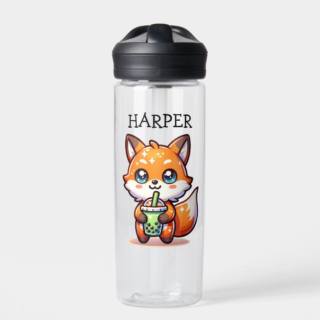 Cute Kawaii Fox with Bubble Tea Personalized Water Bottle (Front)