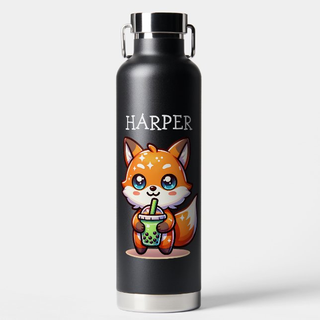 Cute Kawaii Fox with Bubble Tea Personalized Water Bottle (Front)