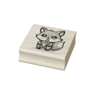 Cute Kawaii Fox with Bubble Tea Rubber Stamp